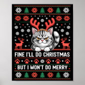 Angry Antler Cat Funny Xmas Ugly Sweater Long Slee ポスター (正面)