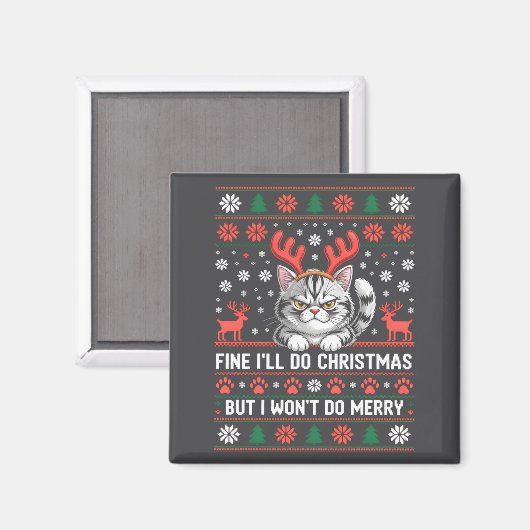 Angry Antler Cat Funny Xmas Ugly Sweater Long Slee マグネット (正面/裏面)