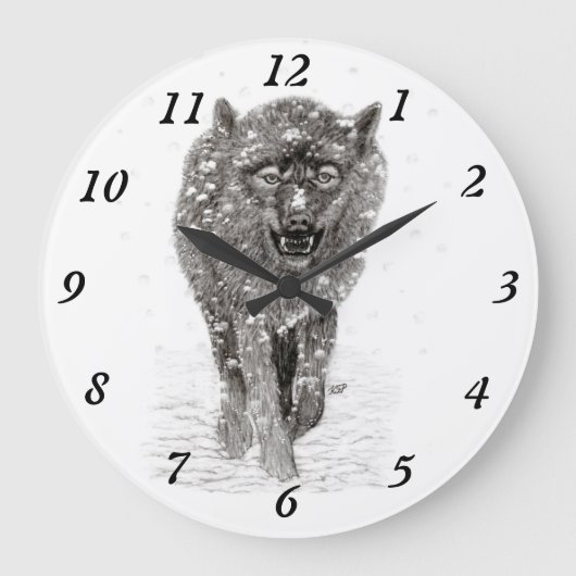 Angry Black Wolf in the Snow , wild Winter ラージ壁時計 (正面)