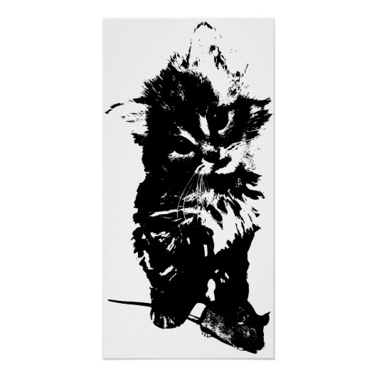 Angry Cat with Mouse Art Print | Minimalist Black  ポスター (正面)