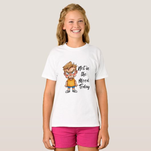 Angry Cute Boy Cartoon T-Shirt – Funny Grumpy Mood Tシャツ (正面フル)