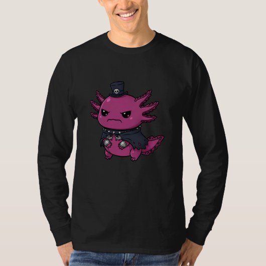 Angry Pink Axolotl Gothic Kawaii Skull Hat Creatur Tシャツ (正面)