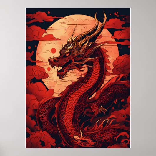 Angry Red Dragon Wall Art Poster – Fierce Fantasy  ポスター (正面)