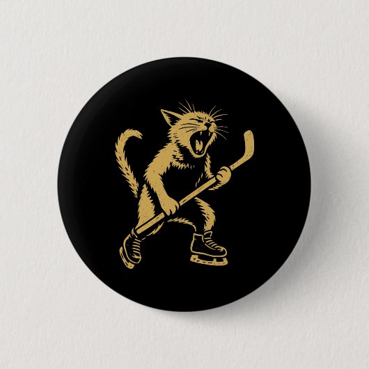 Angry Skating Cat Playing Ice Hockey Graphic  缶バッジ (正面)