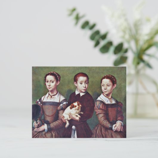 Anguissola Sofonisbaの犬と3人の子供 ポストカード (スタンド正面)