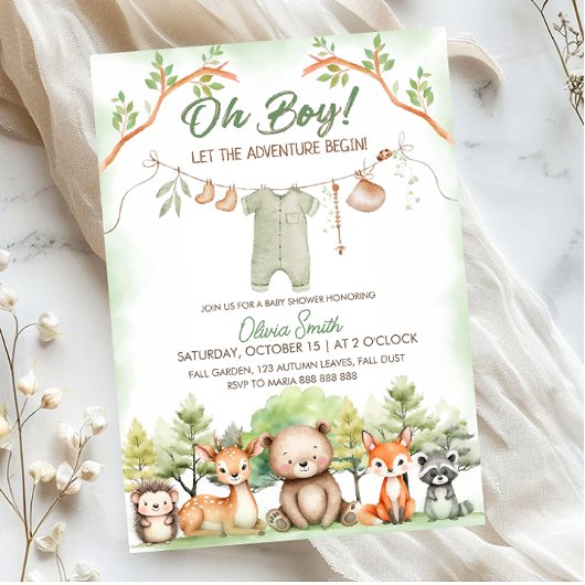 Animal Adventure clothesline baby shower 招待状