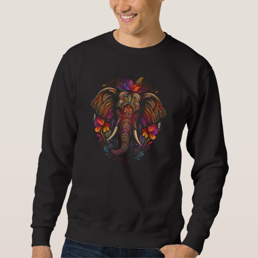 Animal Face Head Flowers Colorful Mandala Elephant スウェットシャツ (正面)