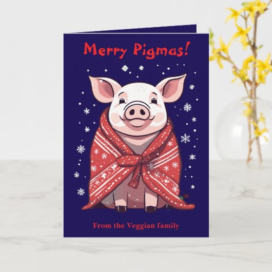 Animal Lover Christmas Pig Wrapped In A Red Blanke カード (黄色い花)