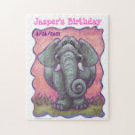 Animal Parade Elephant Custom Birthday Puzzle ジグソーパズル<br><div class="desc">Cute Elephant Customizable Birthday Party Invitation (or customize for any other occasion) created by Imagine That! Design features our cute gray elephant character from our Animal Parade line standing in the green grass of the savanna with a dry brush textured sunset pink sky and a playful wavy blue border painted...</div>