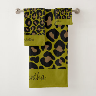 Animal print leopard olive green black custom name バスタオルセット