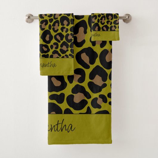 Animal print leopard olive green black custom name バスタオルセット (インサイチュ)