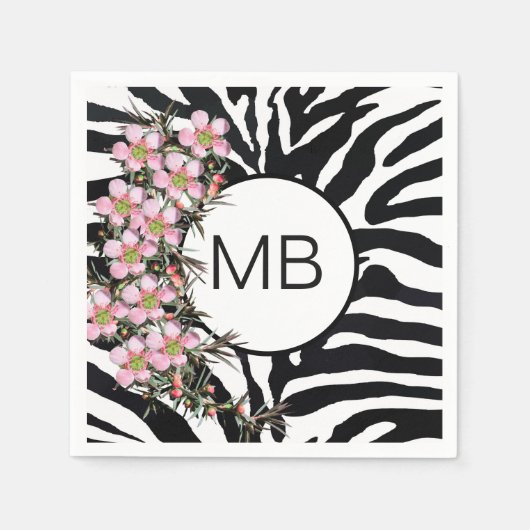 Animal Print Pink Wild Flower Monogram Black White スタンダードカクテルナプキン (正面)