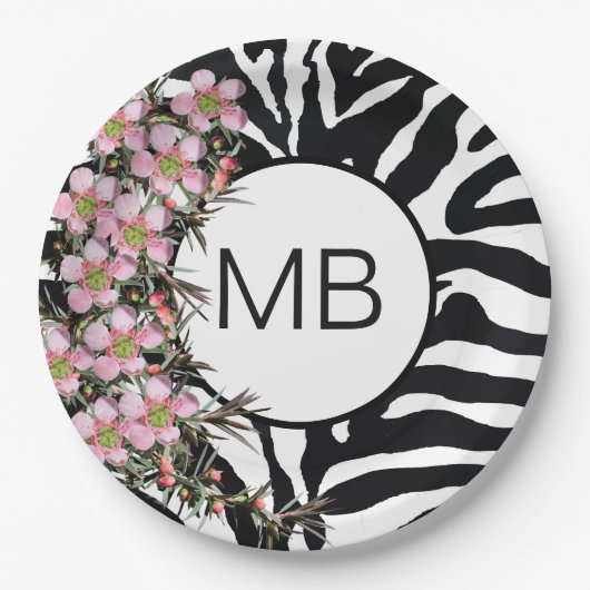 Animal Print Pink Wild Flower Monogram Black White ペーパープレート (正面)