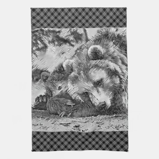 AnimalArtBW_Bear_002 キッチンタオル (縦)