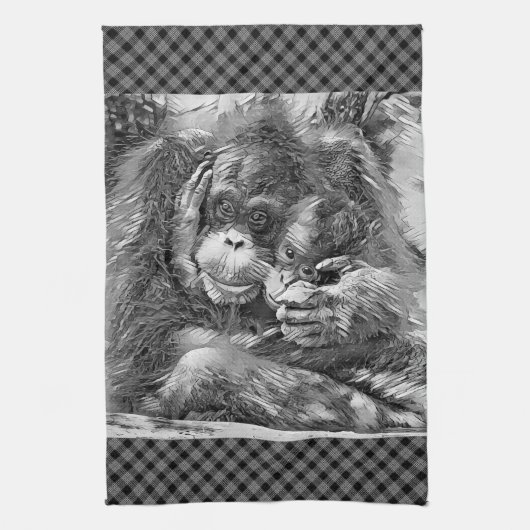 AnimalArtBW_OrangUtan_001 キッチンタオル (縦)