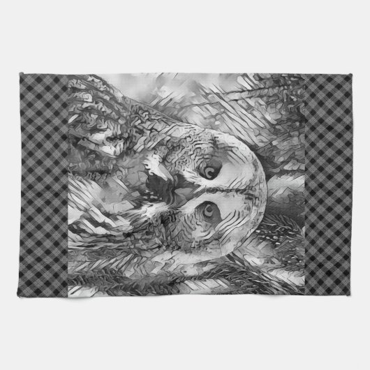 AnimalArtBW_Owl_001 キッチンタオル (横)