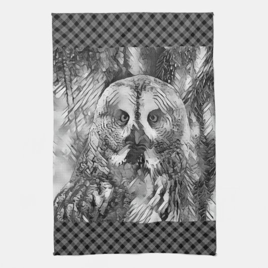 AnimalArtBW_Owl_001 キッチンタオル (縦)