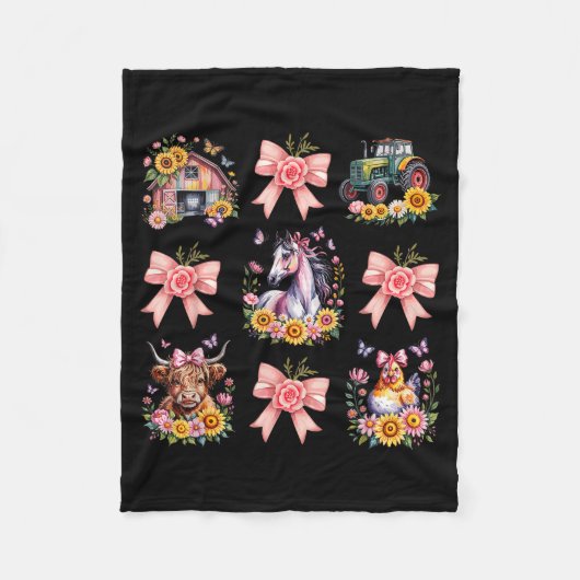 Animals Cow Chicken Horse Tractor Flower Farm Wome フリースブランケット (正面)