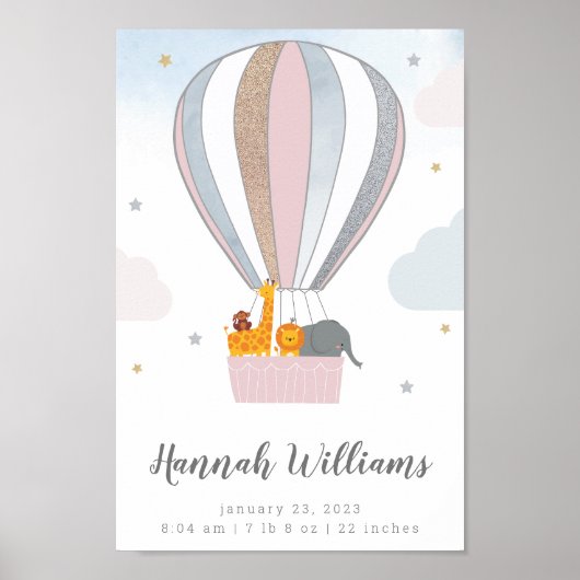 Animals Hot Air Balloon Personalized Birth Stats ポスター (正面)