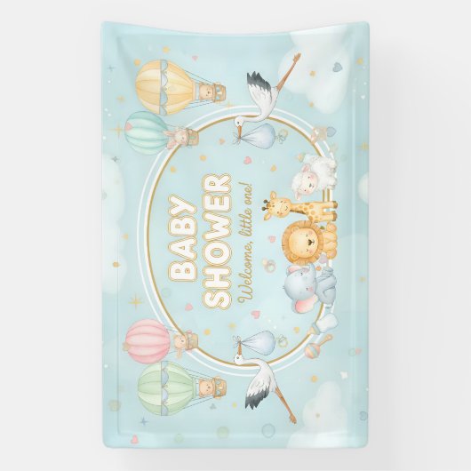 Animals Hot Air Balloons Clouds Cute Baby Shower  横断幕 (縦)