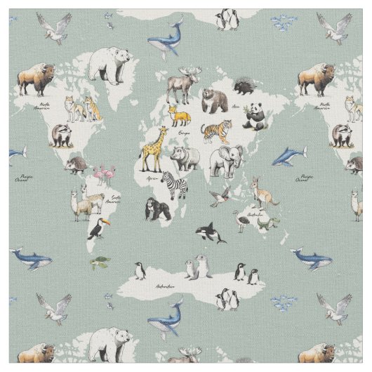 animals of the world nursery map - mint  ファブリック (クローズアップ)