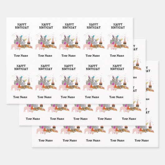 Animals Partying – 誕生日パーティーの動物の名前 ラッピングペーパーシート (セット)