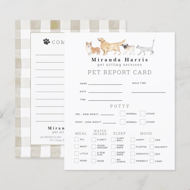 Animals Pet Sitter Dog Walker Pet Report Card (正面/裏面)