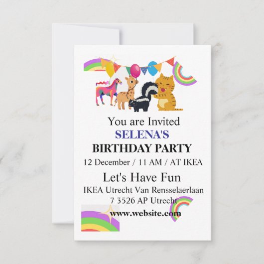 Animals & Rainbows Birthday Party Invitation サンキューカード (正面)