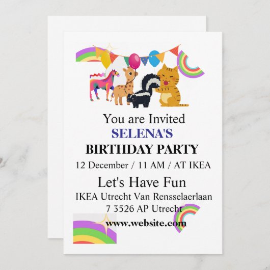 Animals & Rainbows Birthday Party Invitation 招待状 (正面/裏面)