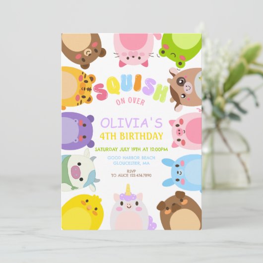 Animals Squish On Over rainbow  Birthday party 招待状 (スタンド正面)