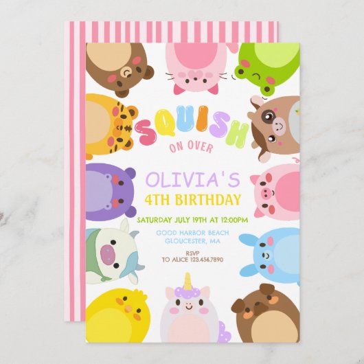 Animals Squish On Over rainbow Birthday party 招待状 (正面/裏面)