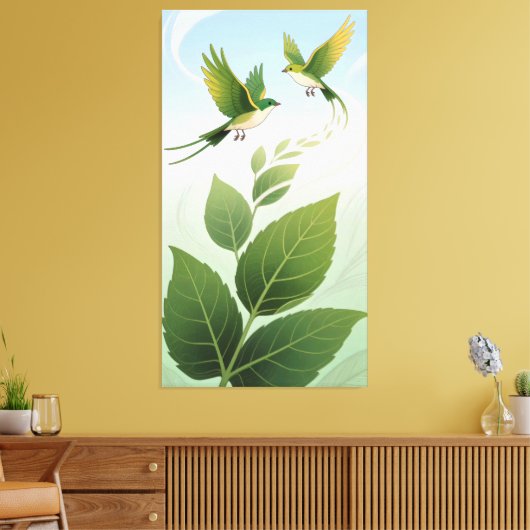 Animated patterns of leaves and birds キャンバスプリント (インサイチュ (リビング))