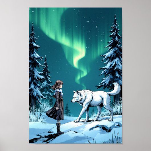 Anime Arctic Wolf Aurora Wall Art ポスター (正面)