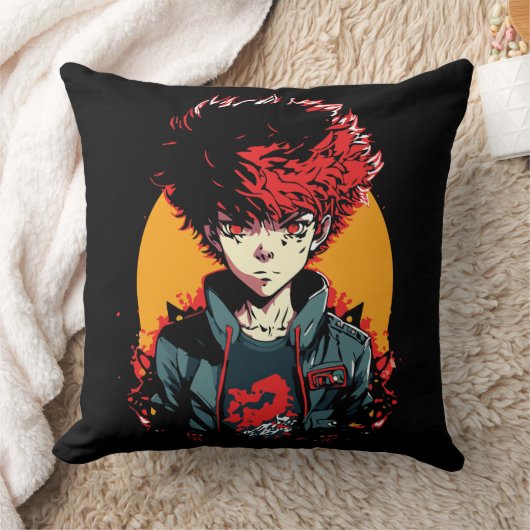 Anime Boy：赤と黒の髪のイラストレーション クッション (ブランケット)