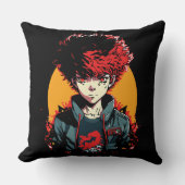Anime Boy：赤と黒の髪のイラストレーション クッション (正面)