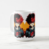 Anime Boy：赤と黒の髪のイラストレーション コーヒーマグカップ (正面左)