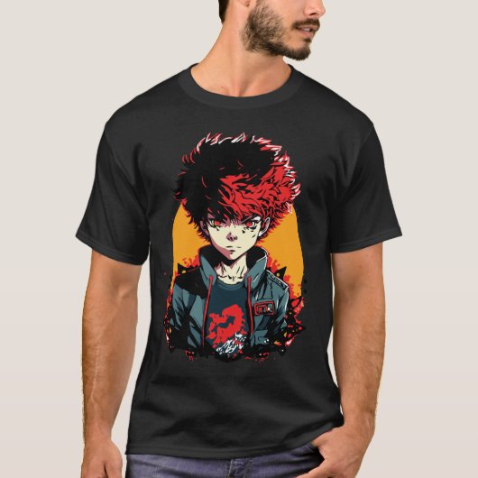 Anime Boy:赤と黒の髪のイラストレーション Tシャツ (正面)