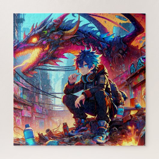 Anime Boy and Dragon in a Dystopian World ジグソーパズル (縦)