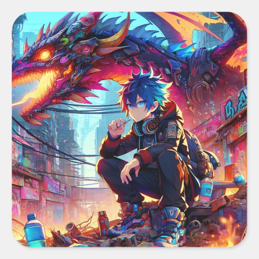 Anime Boy and Dragon in a Dystopian World スクエアシール (正面)