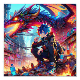 Anime Boy and Dragon in a Dystopian World フォトプリント