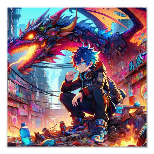 Anime Boy and Dragon in a Dystopian World フォトプリント (正面)