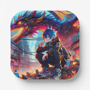 Anime Boy and Dragon in a Dystopian World ペーパープレート