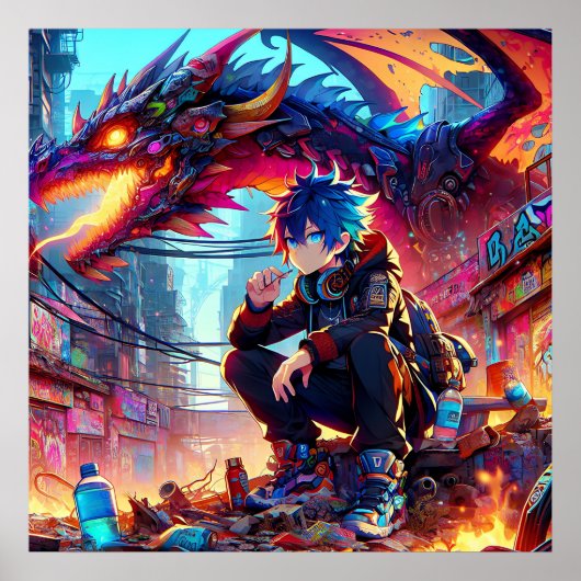 Anime Boy and Dragon in a Dystopian World ポスター (正面)