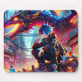 Anime Boy and Dragon in a Dystopian World マウスパッド