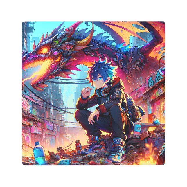 Anime Boy and Dragon in a Dystopian World メタルプリント (正面)