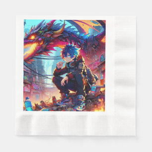 Anime Boy and Dragon in a Dystopian World 縁ありランチョンナプキン