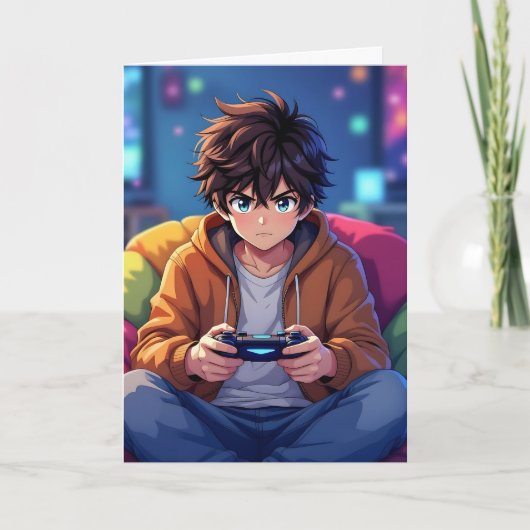 Anime Boy playing Video Game Personalized Birthday カード (正面)