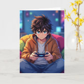 Anime Boy playing Video Game Personalized Birthday カード (黄色い花)