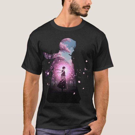 Anime Boy Silhouette in Sakura Cherry Blossom  Tシャツ (正面)