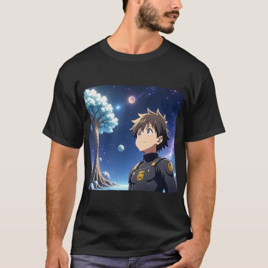 Anime Boy Under Starry Sky with Planets – Fantasy  Tシャツ (正面)